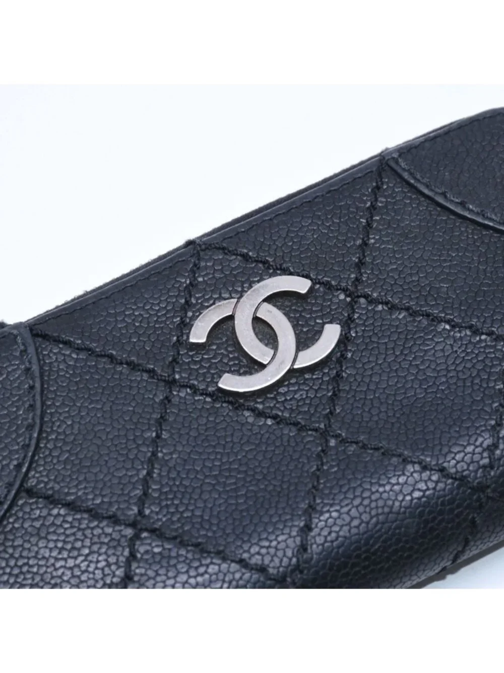 Chanel Leather Wallet Card Case CC Logo Wild Stitch Caviar Black Silver